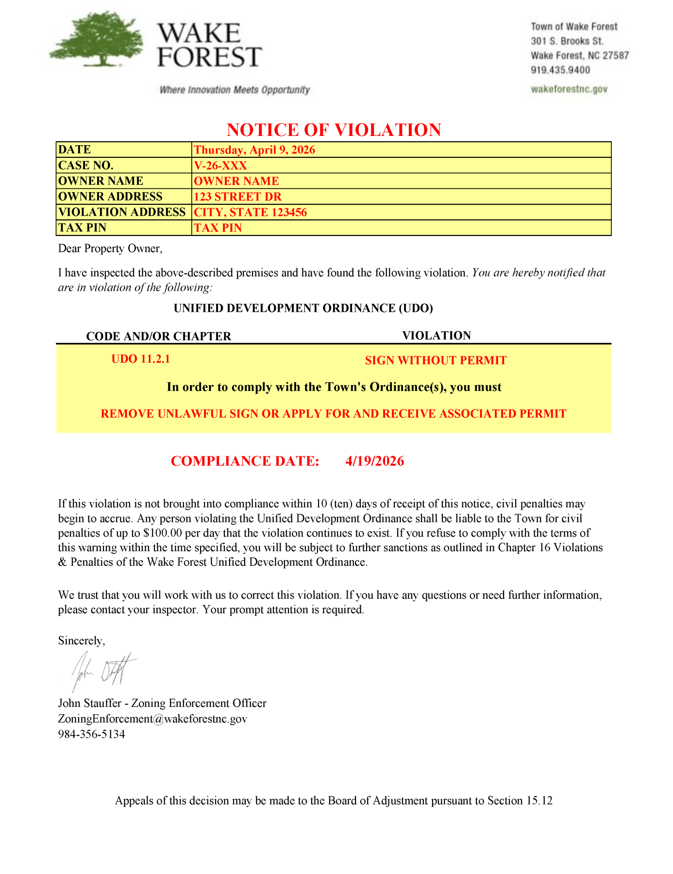 Example Notice of Violation Document
